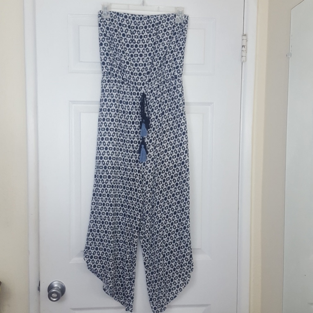 Blue and white strapless summer jumpsuit